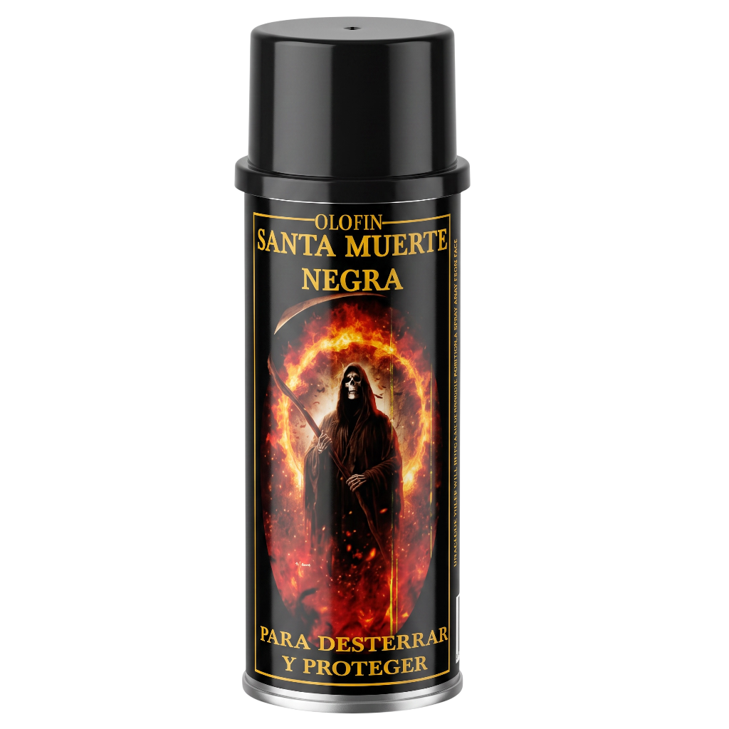 A can of Olofin Santa Muerte Negra, a black spray deodorant and odor remover, featuring a label with an illustration of the Grim Reaper surrounded by flames.