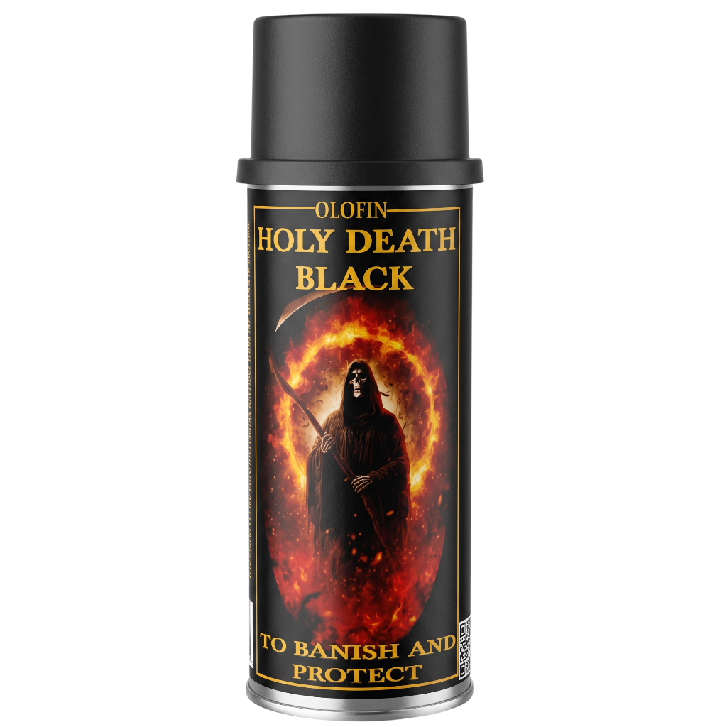 A can of Olofin Holy Death Black spray, featuring a black label with a fiery red and orange graphic of a grim reaper and gold lettering, set against a plain white background.