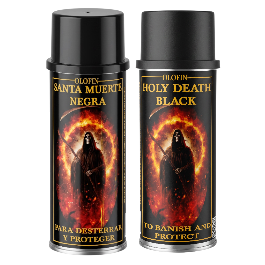 Two black spray cans labeled Olofin Santa Muerte Negra / Holy Death Black, shown side by side on a white background with fiery grim reaper artwork on the labels.