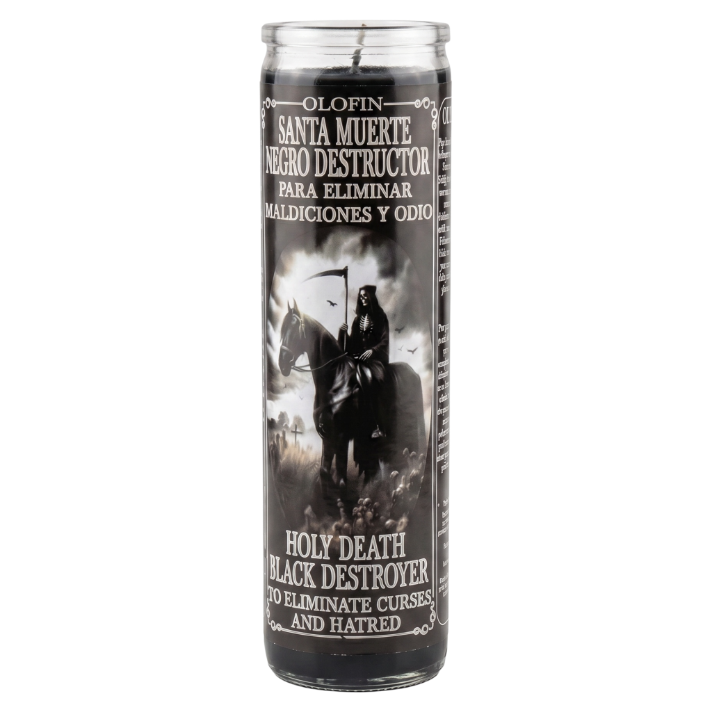 A tall glass jar candle labeled 'Olofin Santa Muerte Negro Destructor' with a black, white, and gray graphic of a hooded figure on a horse, shown on a plain white background.
