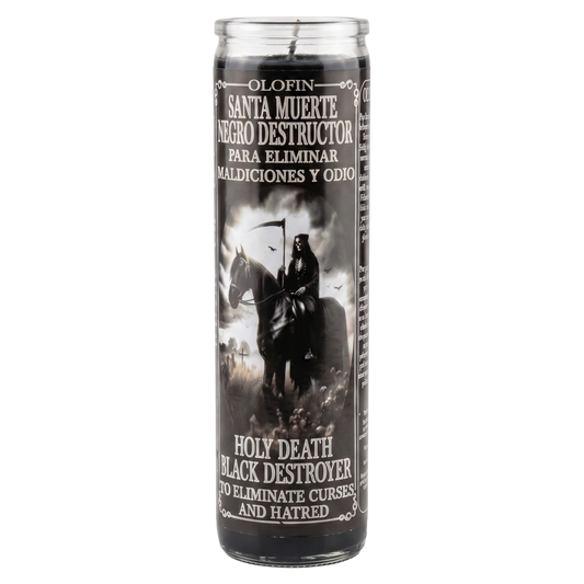 A tall glass jar candle labeled 'Olofin Santa Muerte Negro Destructor' with a black, white, and gray graphic of a hooded figure on a horse, shown on a plain white background.