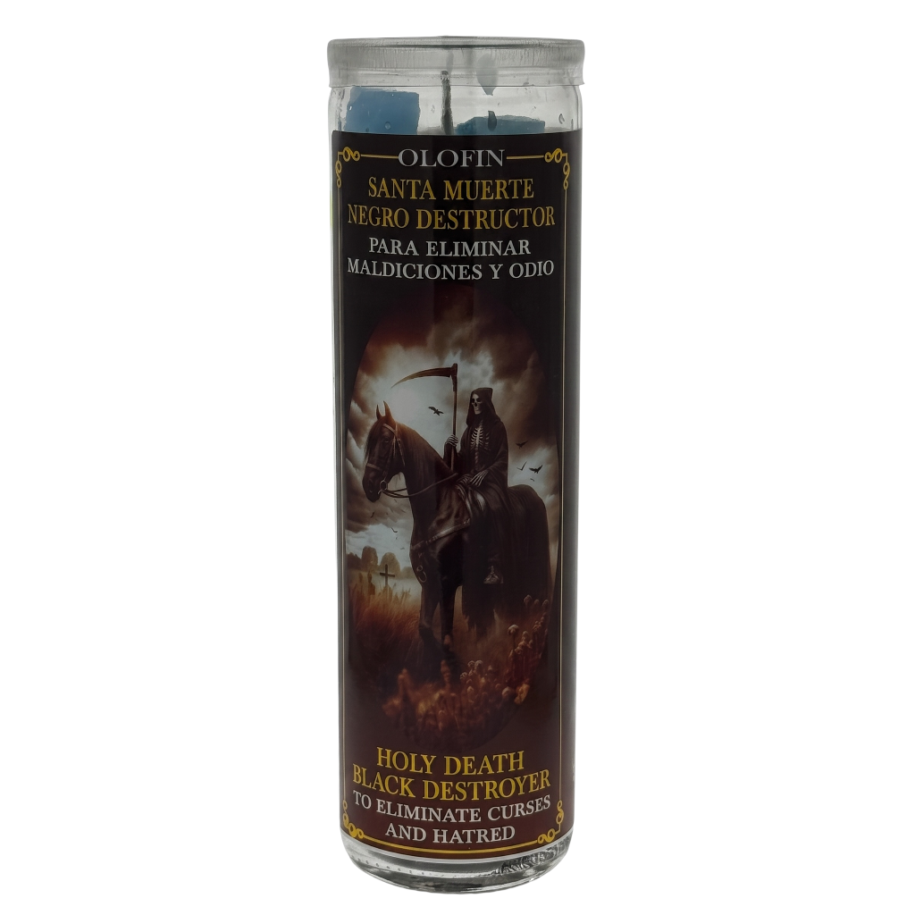 A tall glass jar candle with a clear plastic outer sleeve labeled 'Olofin Santa Muerte Negro Destructor' and 'Holy Death Black Destroyer.' The label shows a dark illustration of a hooded figure on a horse with a scythe, on a mostly black background.