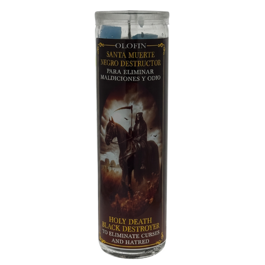 A tall glass jar candle with a clear plastic outer sleeve labeled 'Olofin Santa Muerte Negro Destructor' and 'Holy Death Black Destroyer.' The label shows a dark illustration of a hooded figure on a horse with a scythe, on a mostly black background.