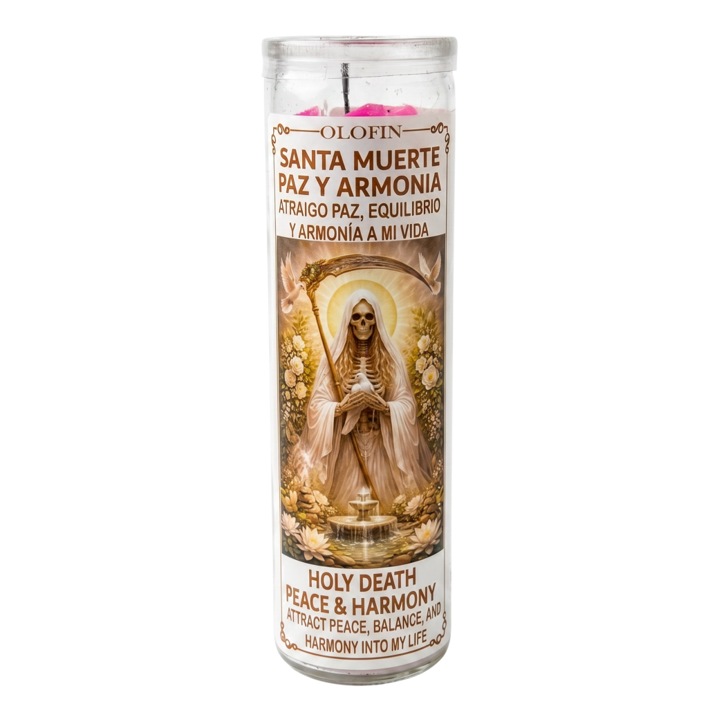 A tall glass jar candle with a printed devotional label featuring Holy Death, shown on a plain white background. The label includes Spanish and English text and an illustration of a robed figure with a halo.