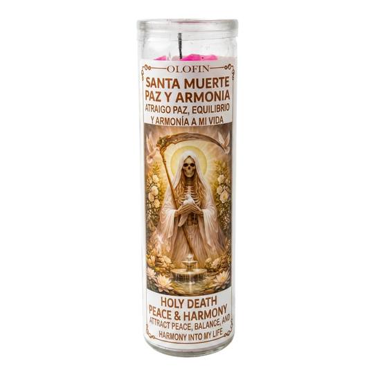 A tall glass jar candle with a printed devotional label featuring Holy Death, shown on a plain white background. The label includes Spanish and English text and an illustration of a robed figure with a halo.