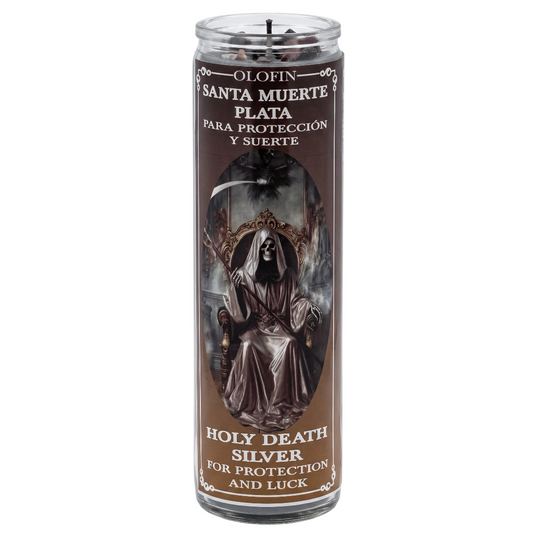 A tall glass prayer candle labeled 'Olofin Santa Muerte Plata' with a grim reaper illustration and text reading 'Holy Death Silver for Protection and Luck' on a white background.