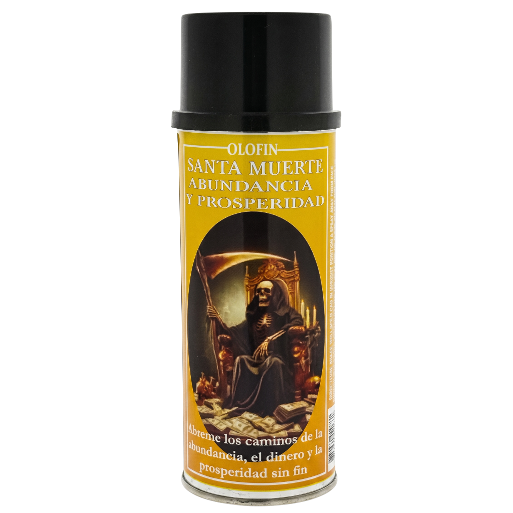 A spray can of Olofin Santa Muerte Abundancia y Prosperidad, featuring a black cap and a yellow label with a dark illustration of a skeletal figure.