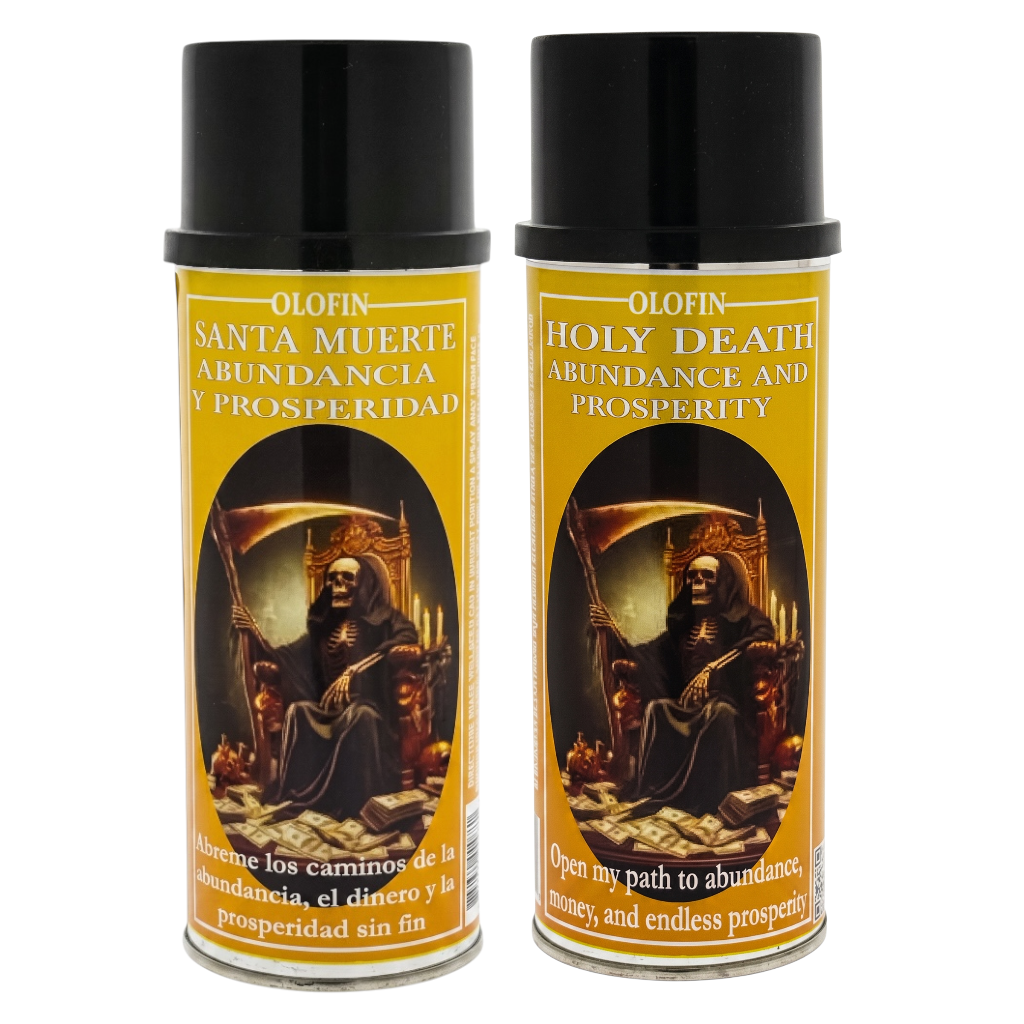 Two spray cans of Olofin Holy Death Abundance and Prosperity spell spray, featuring a black cap and a golden-yellow label with an illustration of Santa Muerte.