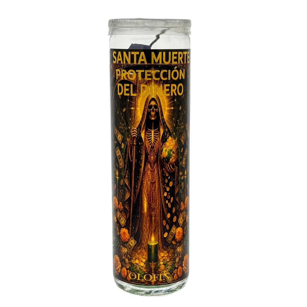 A tall glass prayer candle featuring a Santa Muerte illustration with Spanish text reading 'Santa Muerte Protección Del Dinero' and the brand name 'Dlofin' at the bottom, shown on a plain white background.