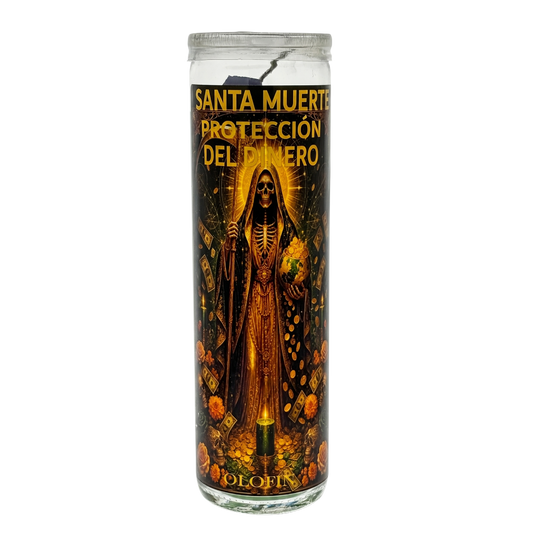 A tall glass prayer candle featuring a Santa Muerte illustration with Spanish text reading 'Santa Muerte Protección Del Dinero' and the brand name 'Dlofin' at the bottom, shown on a plain white background.