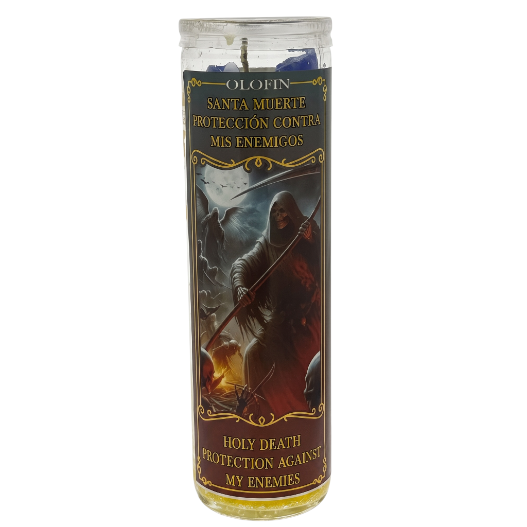 A tall glass prayer candle with a dark label featuring Santa Muerte artwork and Spanish and English text reading 'Olofin' and 'Holy Death Protection Against My Enemies'.