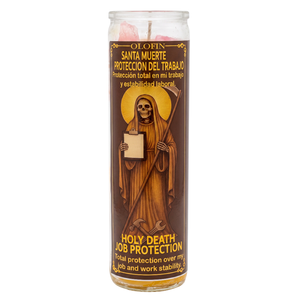 A tall glass prayer candle with a brown and gold label featuring Santa Muerte, with Spanish and English text reading 'OLOFIN SANTA MUERTE PROTECCION DEL TRABAJO' and 'HOLY DEATH JOB PROTECTION'.