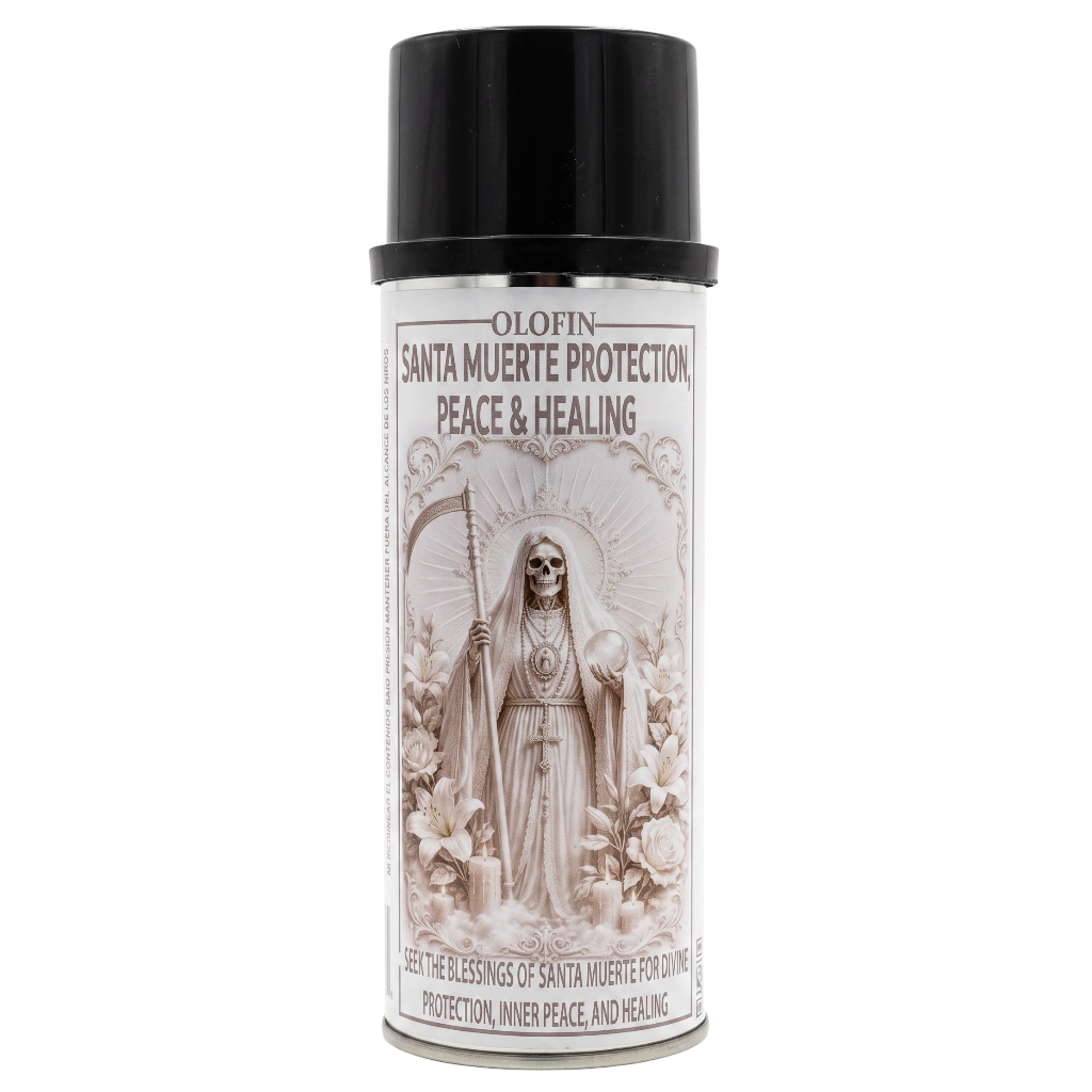 A can of Olofin Santa Muerte Protection spray with a black cap and a white label featuring a sepia-toned illustration of Santa Muerte.