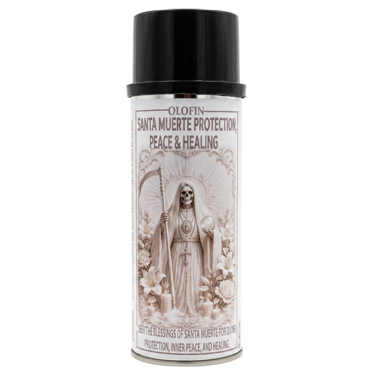A can of Olofin Santa Muerte Protection spray with a black cap and a white label featuring a sepia-toned illustration of Santa Muerte.