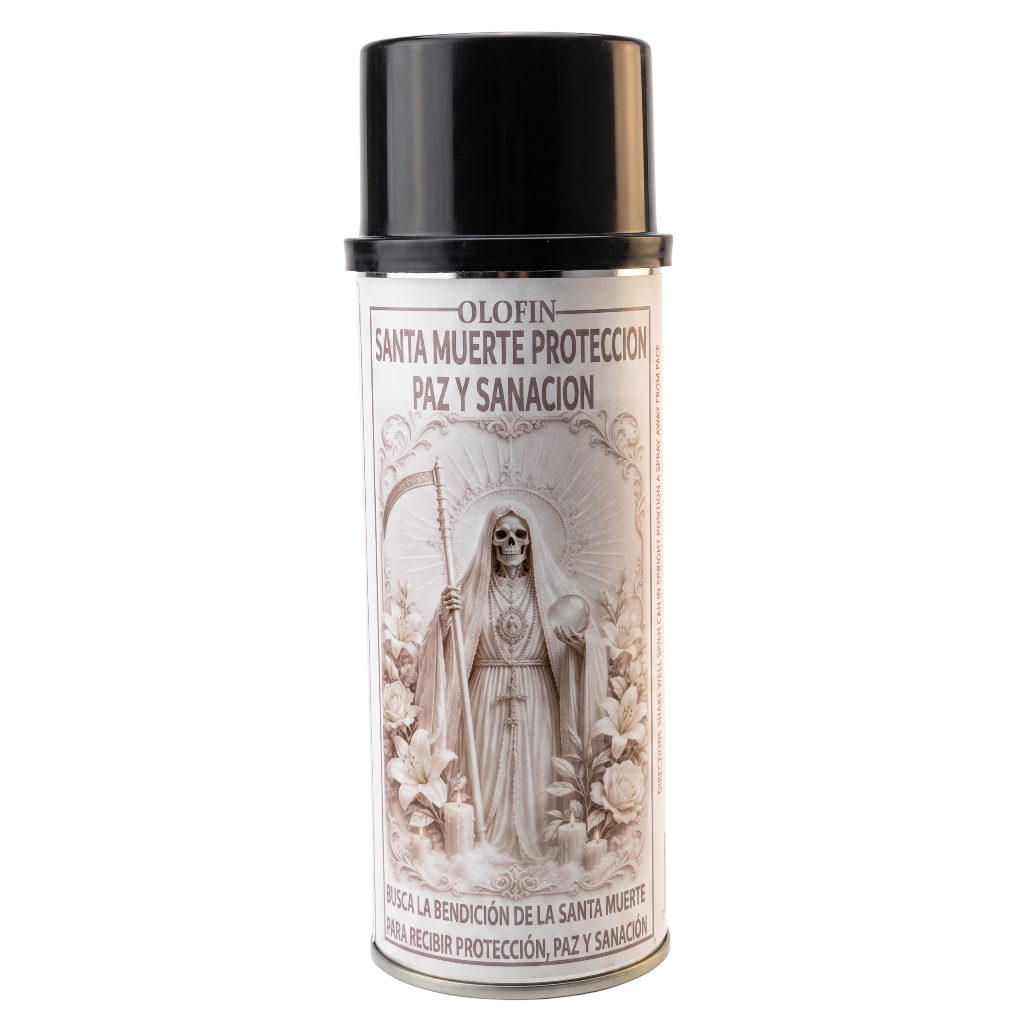 A can of Olofin Santa Muerte Protection spray with a black cap and a white label featuring an illustration of the Santa Muerte statue.