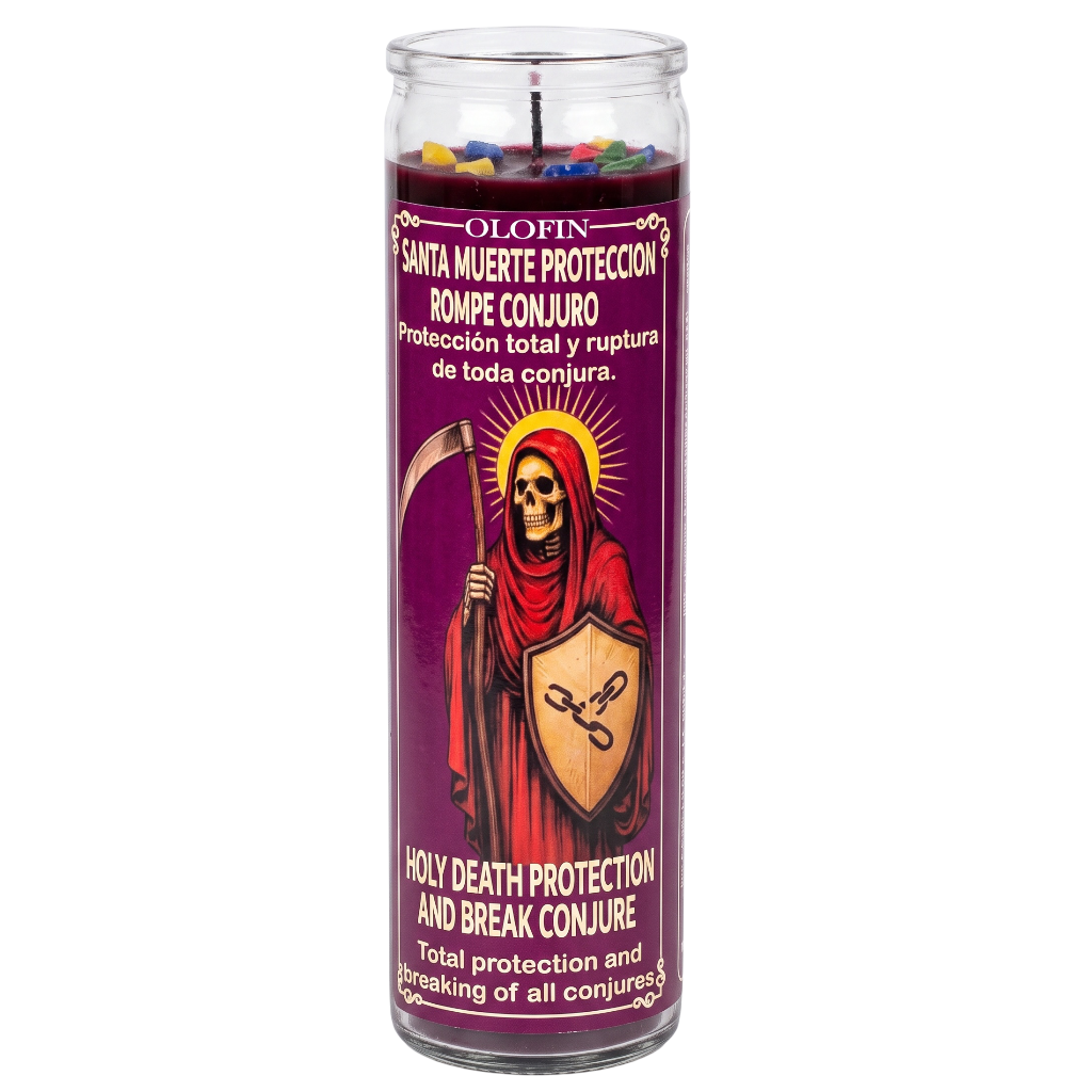 A tall glass jar candle with a purple label featuring a grim reaper holding a scythe and shield. The label reads 'Olofin' and 'Santa Muerte Protección' with English text 'Holy Death Protection and Break Conjure' near the bottom.