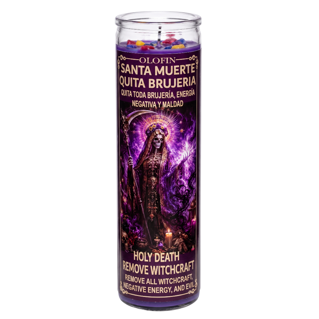 A tall glass jar candle with a purple and black label featuring an illustration of Santa Muerte. The label includes Spanish text reading 'Olofin Santa Muerte Quida Brujeria' and 'Holy Death Remove Witchcraft'.