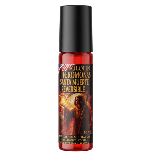 A 10 ml bottle of Olofin Feromonas Santa Muerte Reversible fragrance oil, featuring a black cap and a red bottle with a dark label depicting Santa Muerte.