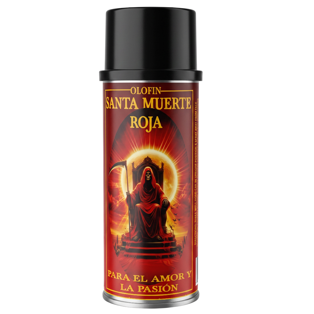 A red and black spray can of Olofin Santa Muerte Roja perfume, featuring a graphic of a hooded grim reaper on a throne with a fiery red and orange background.