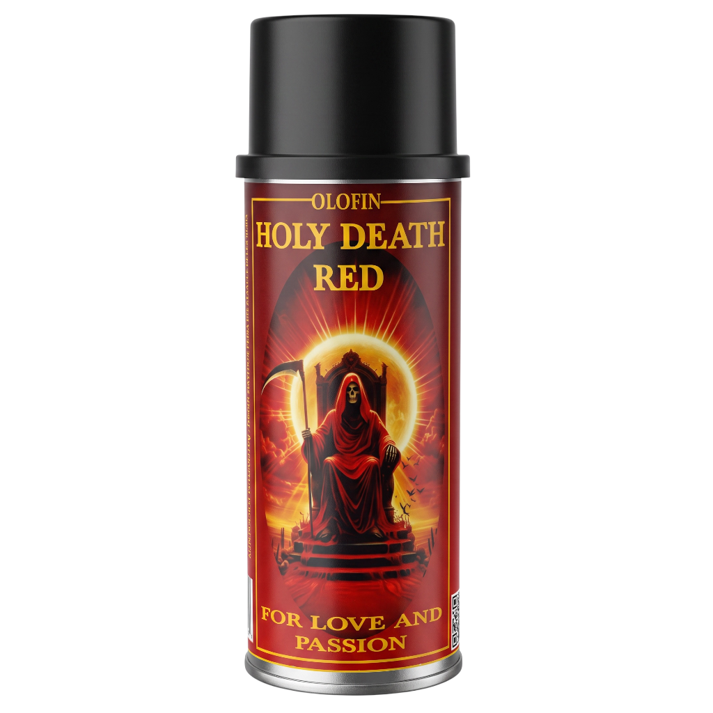 A single aerosol spray can labeled 'OLOFIN HOLY DEATH RED' with a black cap and a red-and-black label showing a grim reaper seated on a throne, photographed on a plain white background.