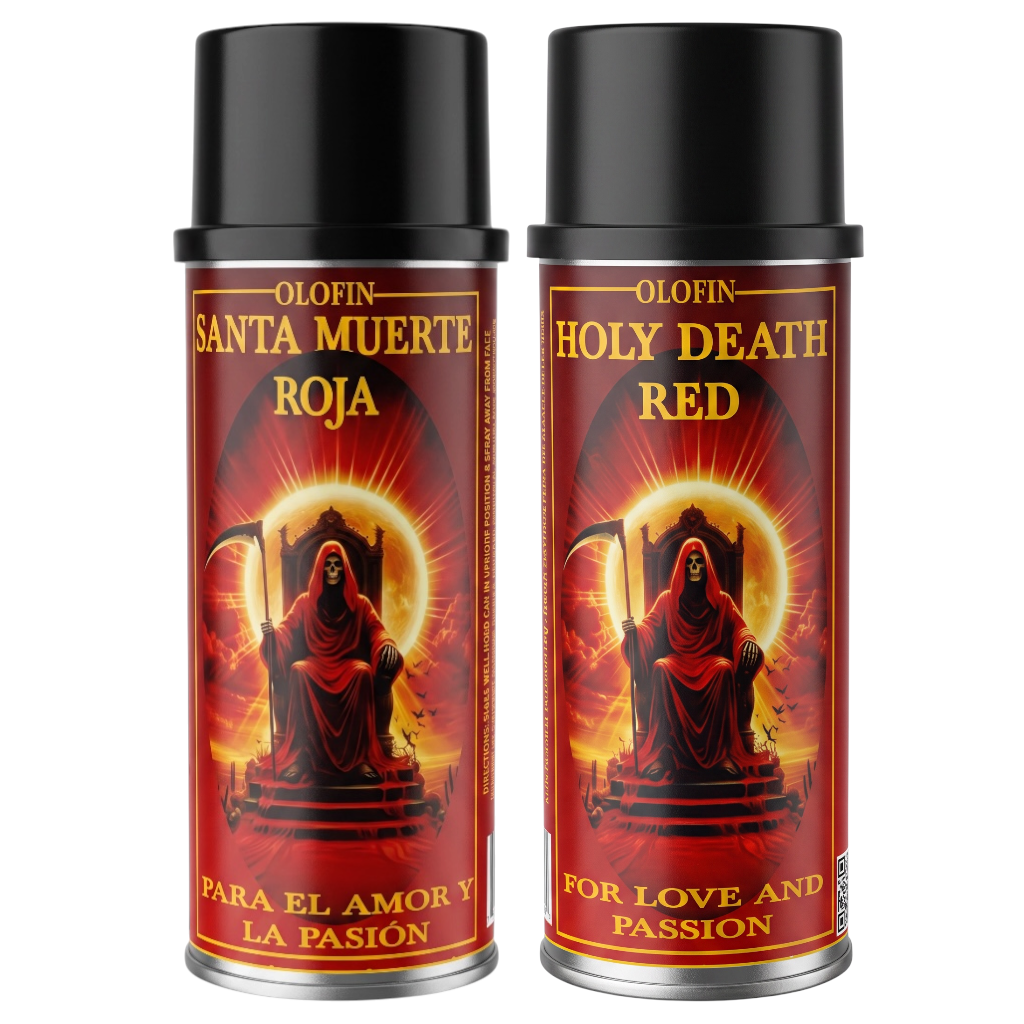 Two aerosol spray cans of Olofin Santa Muerte / Holy Death Red, shown side-by-side against a plain white background. The cans feature a dark red label with a gothic illustration of a hooded figure and yellow text.