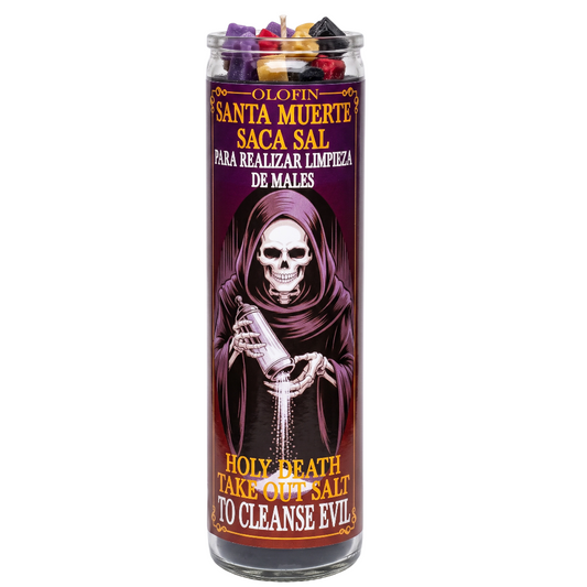 Holy Death Santa Muerte Saca Sal prayer candle in a tall glass container with a dark purple label featuring a grim reaper holding a salt container. The candle is topped with multicolored wax pieces and shown on a plain white background.