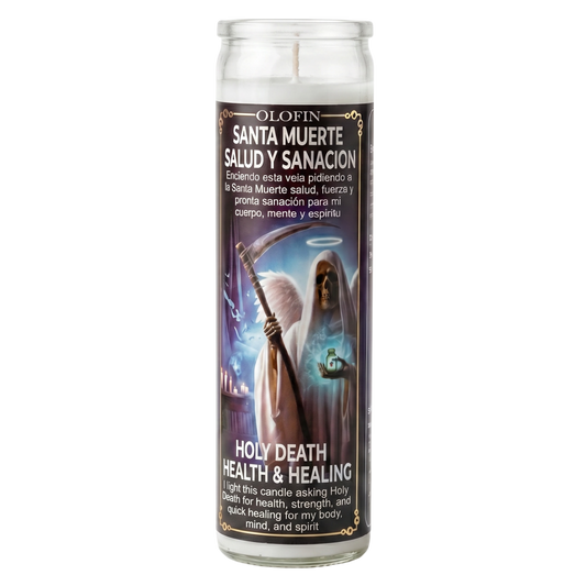 A tall glass jar candle with a clear lid and a printed devotional label featuring Santa Muerte holding a scythe. The label includes Spanish text reading 'Santa Muerte Salud y Sanacion' and English text reading 'Holy Death Health & Healing.