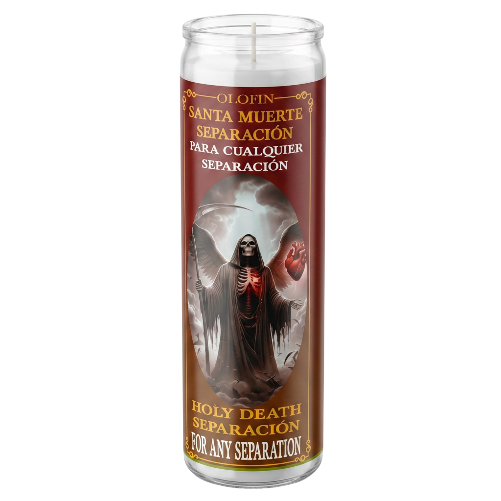 A tall glass prayer candle with a printed label reading 'Olofin Santa Muerte Separación' and 'Holy Death Separación for any separation,' featuring an illustration of a hooded angel figure on a white background.