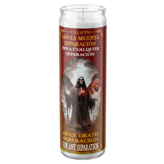 A tall glass prayer candle with a printed label reading 'Olofin Santa Muerte Separación' and 'Holy Death Separación for any separation,' featuring an illustration of a hooded angel figure on a white background.
