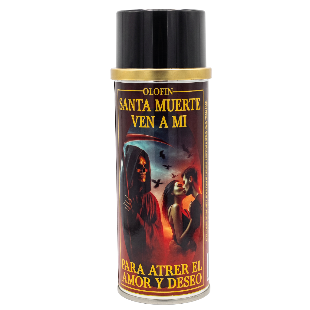 A can of Olofin Santa Muerte Ven A Mi love charm spray with a black cap, gold collar, and a label featuring a gothic illustration of Santa Muerte and a woman against a dark sky with birds.