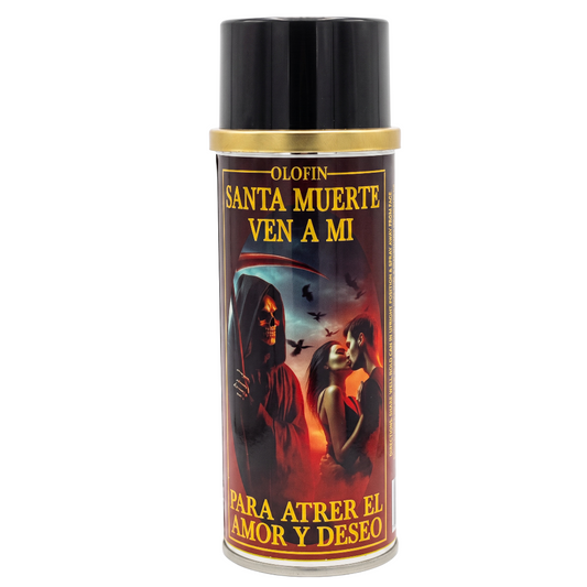 A can of Olofin Santa Muerte Ven A Mi love charm spray with a black cap, gold collar, and a label featuring a gothic illustration of Santa Muerte and a woman against a dark sky with birds.
