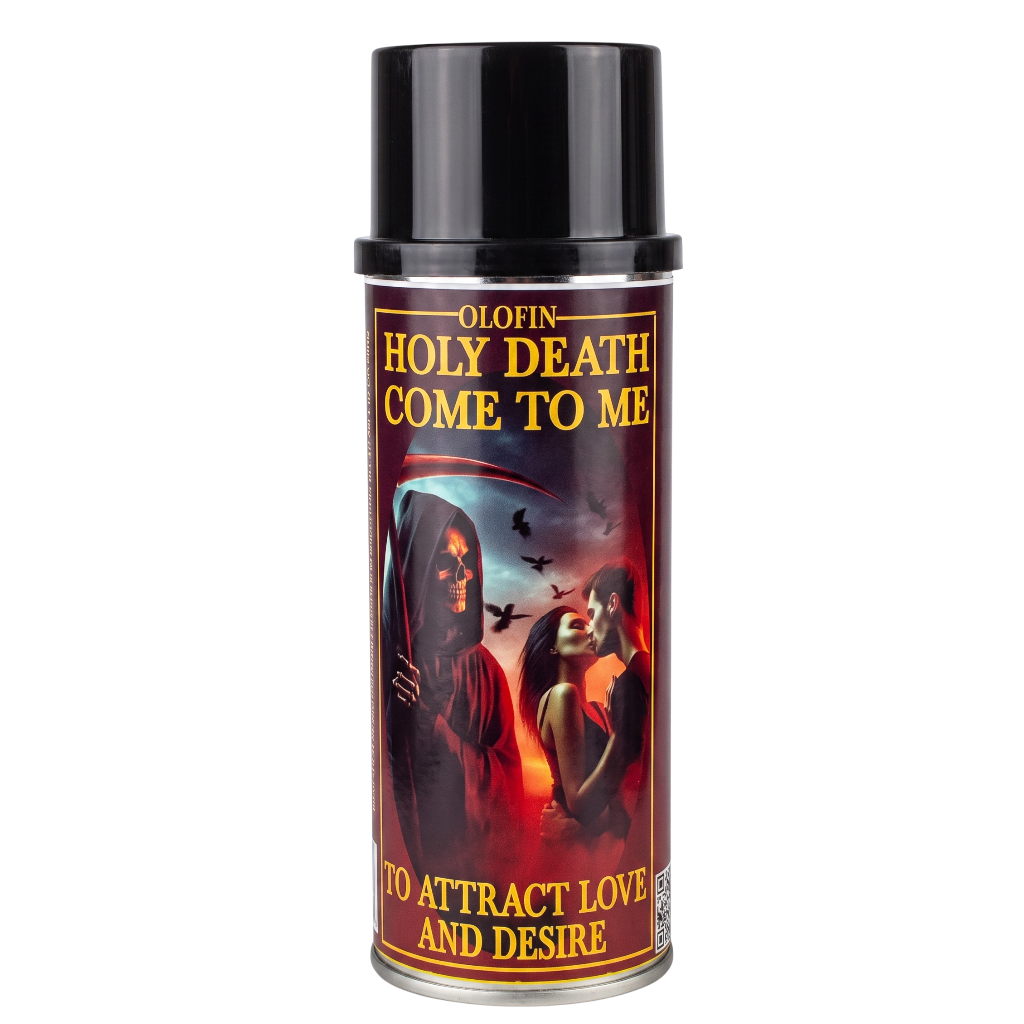A cylindrical aerosol can with a black cap and a dark red label featuring the text 'OLOFIN HOLY DEATH COME TO ME TO ATTRACT LOVE AND DESIRE' and an illustration of a hooded figure and a woman.