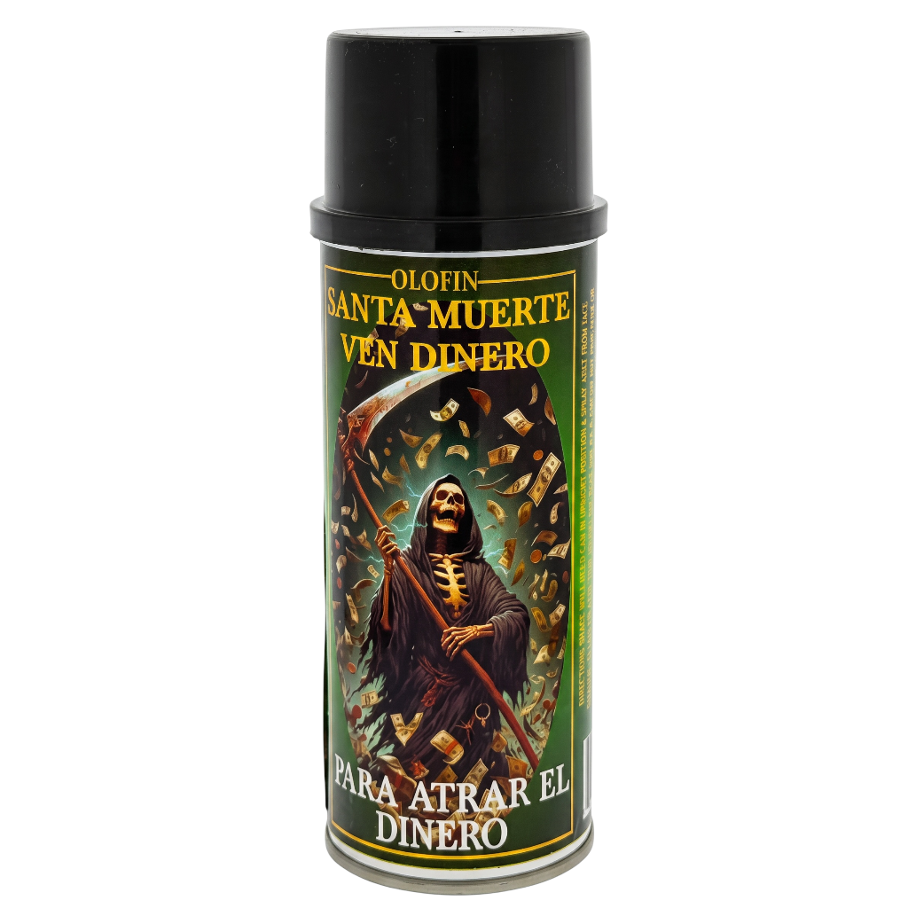 A can of Olofin Santa Muerte Vén Dinero spray paint, featuring a black cap and a label with a grim reaper holding a scythe surrounded by money on a green background.