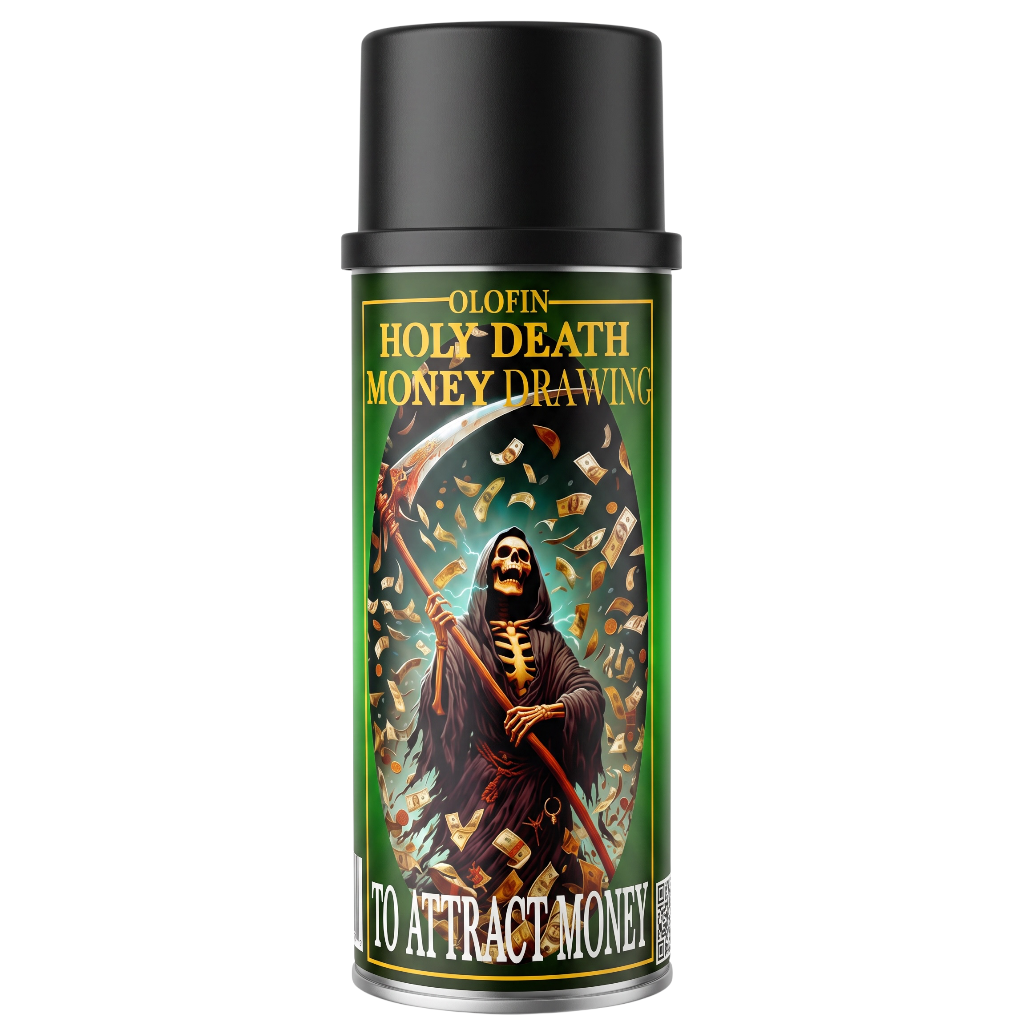 A can of Olofin Holy Death Money Drawing spray with a black cap and a green label featuring a grim reaper holding a scythe surrounded by gold coins.