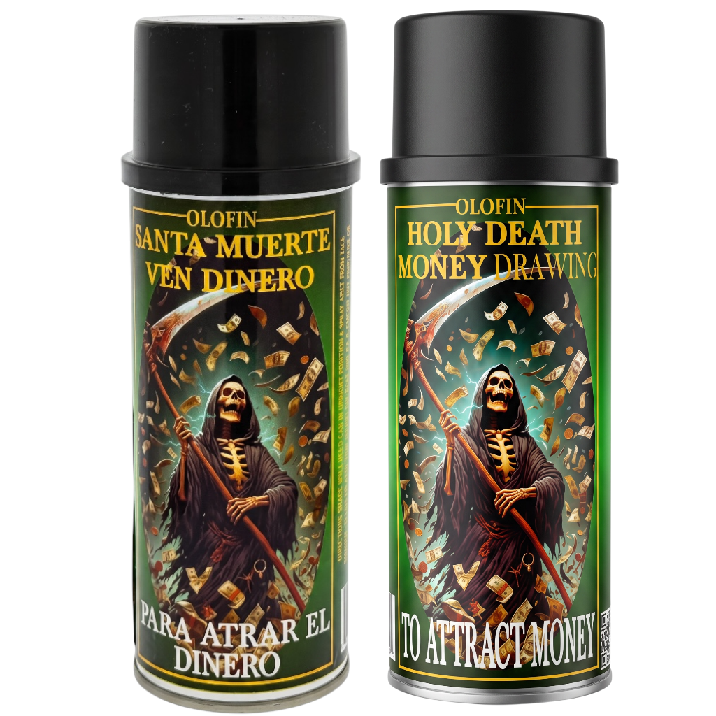 Two aerosol cans of Olofin Holy Death Money Drawing spray with a black cap, featuring a dark green label with an illustration of a hooded grim reaper holding a scythe surrounded by floating banknotes.