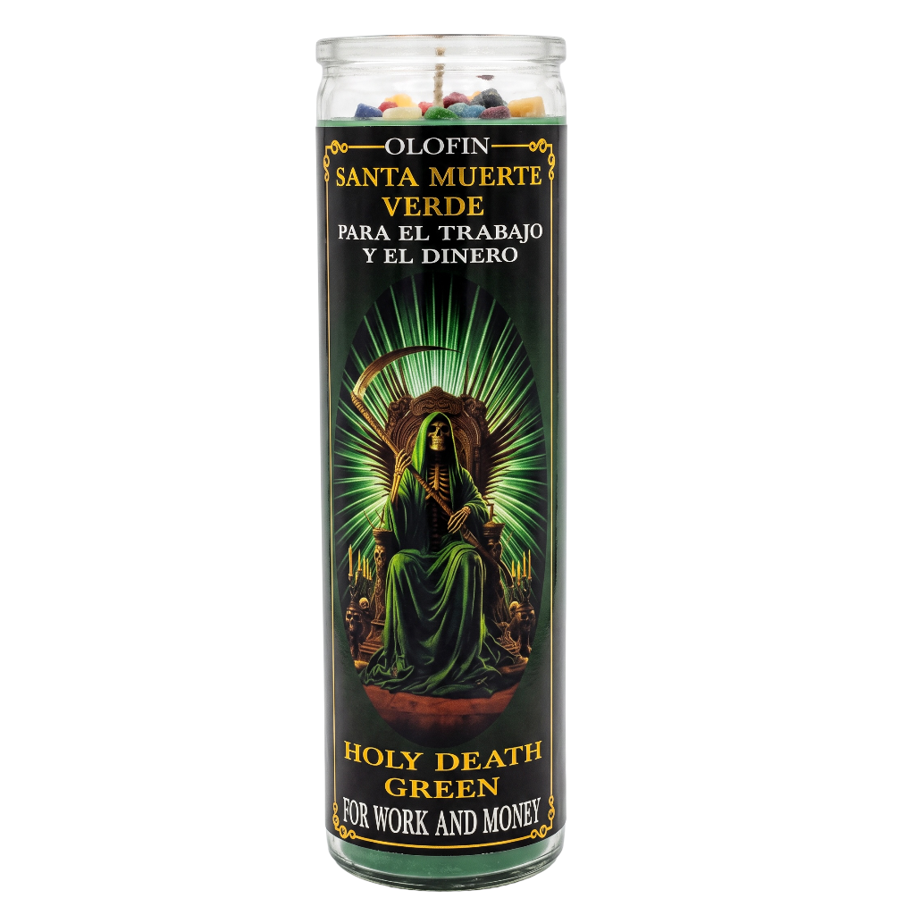 A tall glass jar candle labeled 'Olofin Santa Muerte Verde' with a dark green label featuring a hooded figure and gold text, shown on a plain white background.