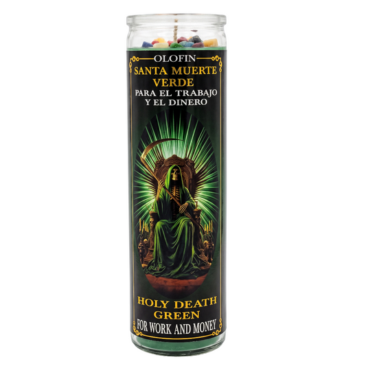 A tall glass jar candle labeled 'Olofin Santa Muerte Verde' with a dark green label featuring a hooded figure and gold text, shown on a plain white background.