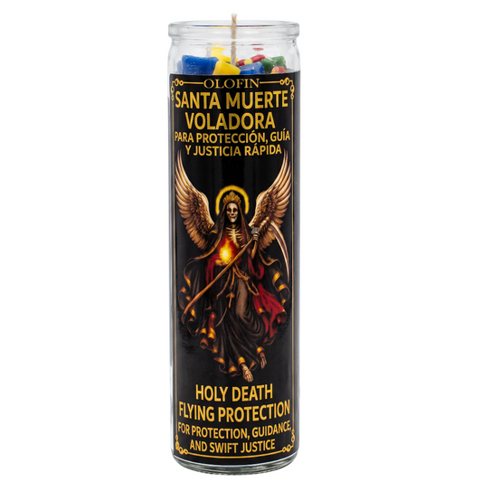 A tall glass jar candle with a black label featuring an angel illustration and Spanish text reading 'Santa Muerte Voladora' and 'Holy Death Flying Protection.' The candle is shown upright on a plain white background.