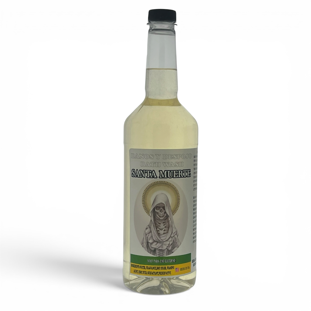A clear glass bottle of Santa Muerte with a cap and a detailed label featuring a skeleton of the  set against a plain white background.