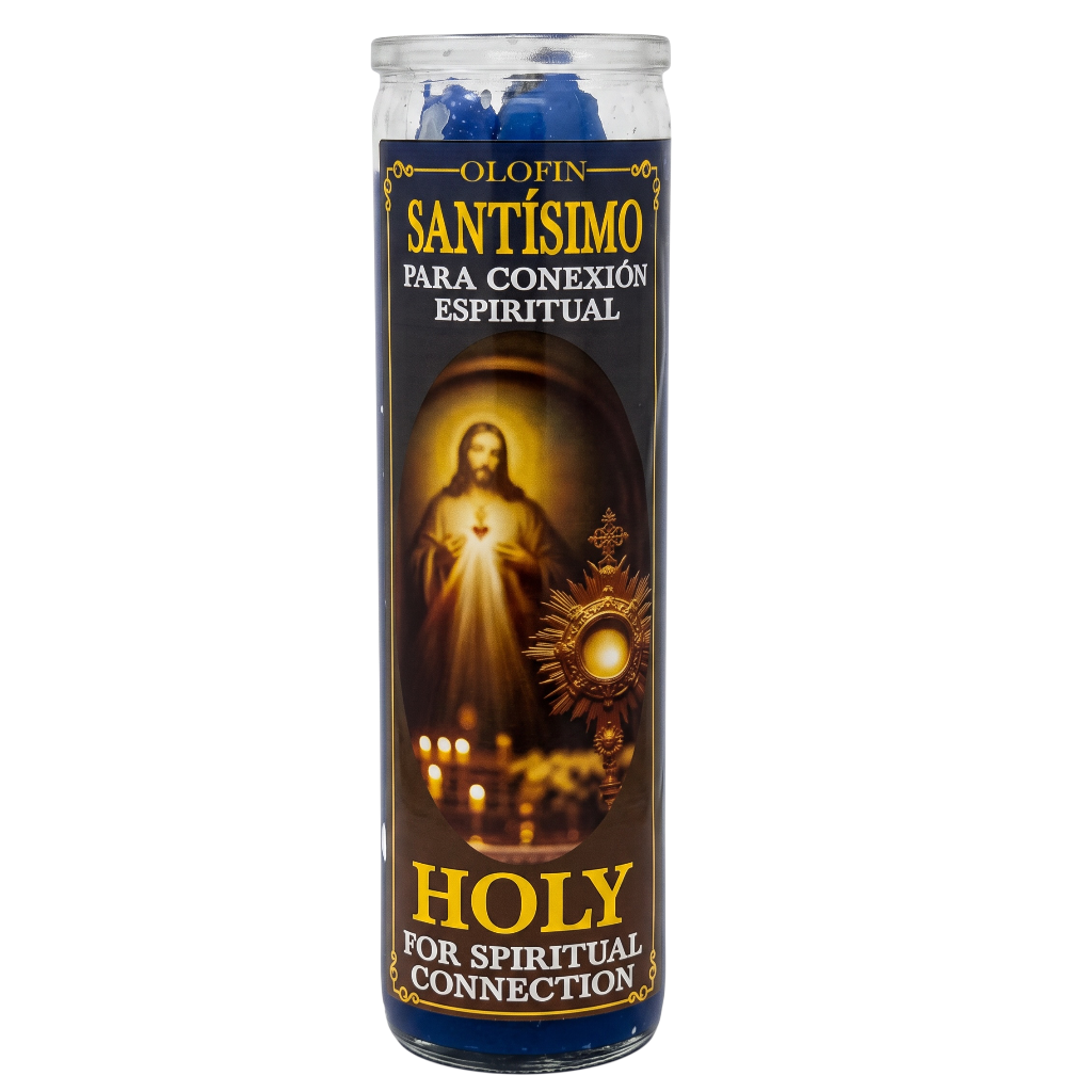 A tall glass jar spiritual candle labeled 'OLIN SANTÍSIMO PARA CONEXIÓN ESPIRITUAL' and 'HOLY FOR SPIRITUAL CONNECTION,' with a dark label featuring a glowing religious figure and gold text, on a white background.