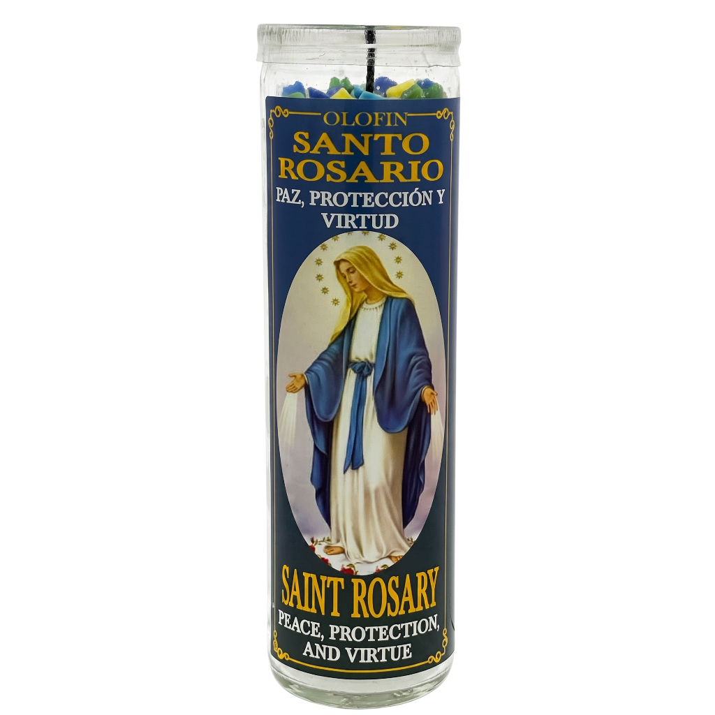A tall glass devotional candle with a printed label featuring Saint Rosary, shown on a plain white background. The label reads 'Olofin Santo Rosario' and 'Saint Rosary Peace, Protection and Virtue,' with multicolored wax pieces visible at the top.