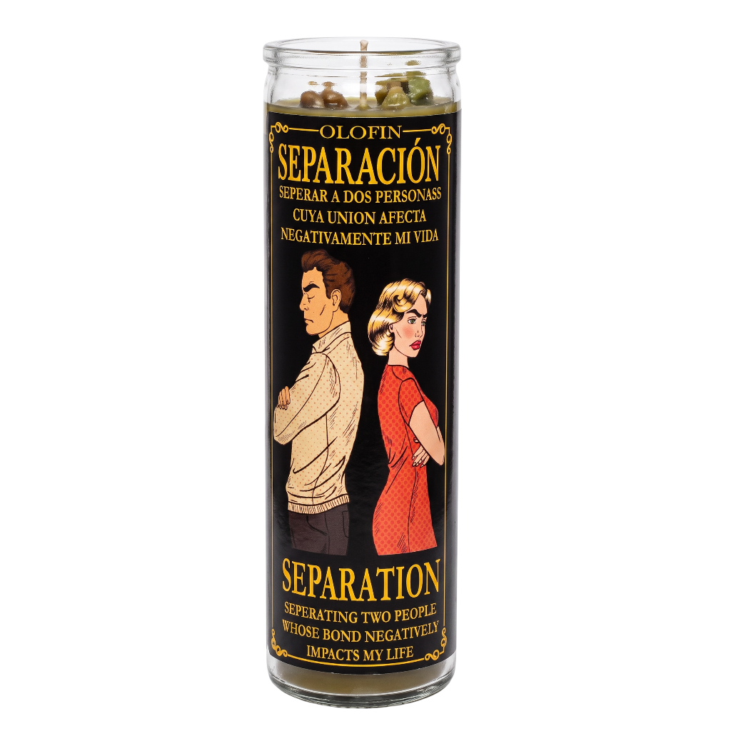 A tall glass jar candle labeled 'Olofin Separación' with a black label featuring retro-style illustrations of a man and a woman and gold text, shown on a plain white background.