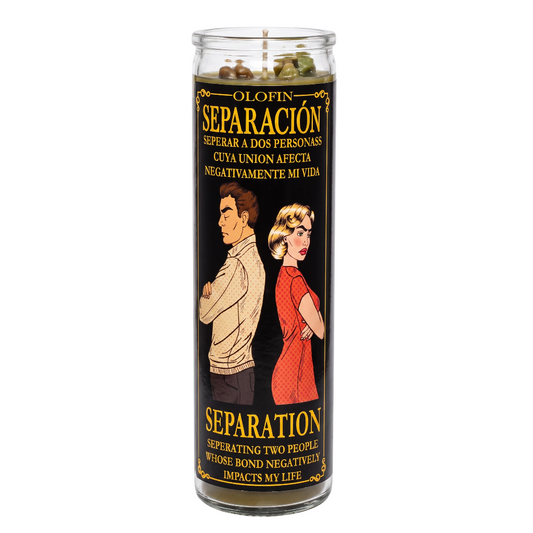 A tall glass jar candle labeled 'Olofin Separación' with a black label featuring retro-style illustrations of a man and a woman and gold text, shown on a plain white background.