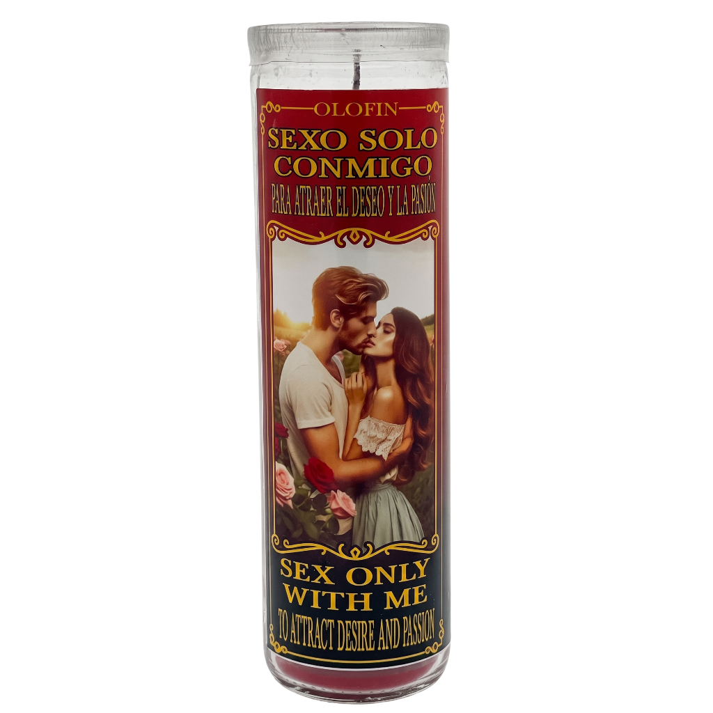 A tall glass jar candle with a Spanish label reading 'OLOFIN SEXO SOLO CONMIGO' and 'SEX ONLY WITH ME,' featuring an illustration of a romantic couple on the front.