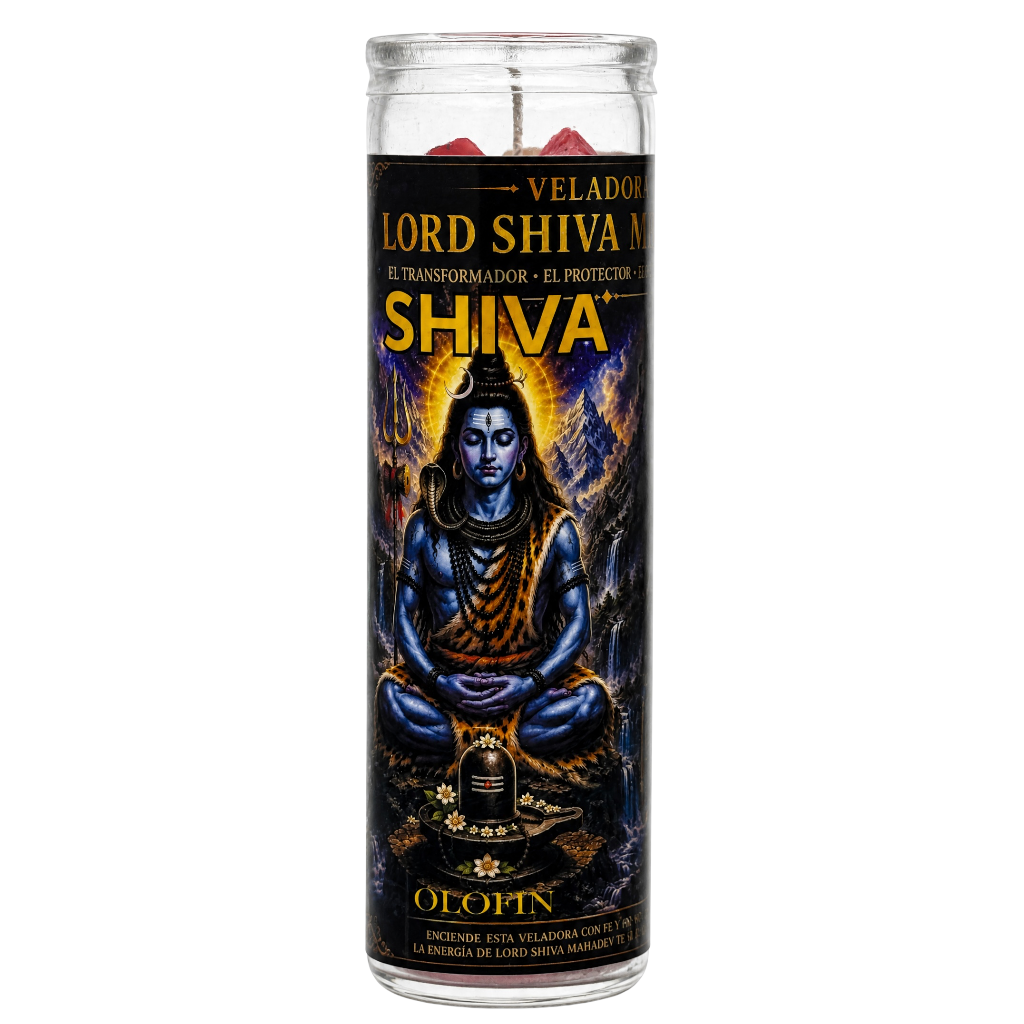 A tall glass jar candle featuring a black label with an illustration of Lord Shiva in blue and gold, with red wax visible at the top.