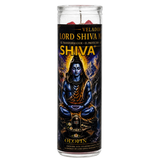 A tall glass jar candle featuring a black label with an illustration of Lord Shiva in blue and gold, with red wax visible at the top.