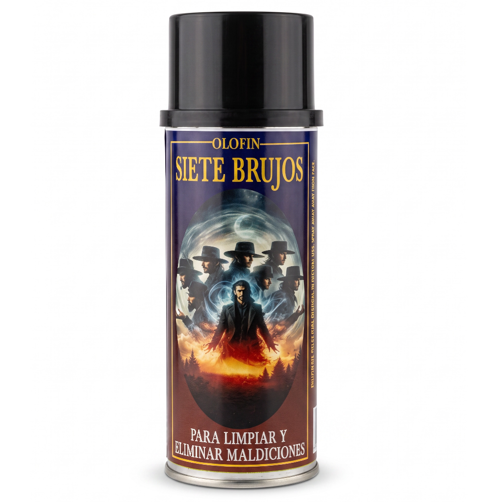 A can of Olofin Siete Brujos spray, featuring a black cap and a label with a dark illustration of a wizard surrounded by flames and other cloaked figures, on a white background.