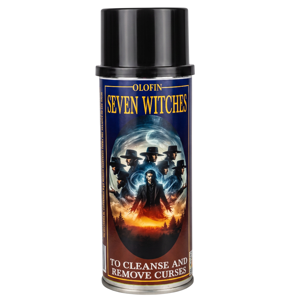 A can of Olofin Seven Witches spray, featuring a black cap and a detailed label with a dark blue background, golden text, and an illustration of seven witches in hats above a fiery landscape.