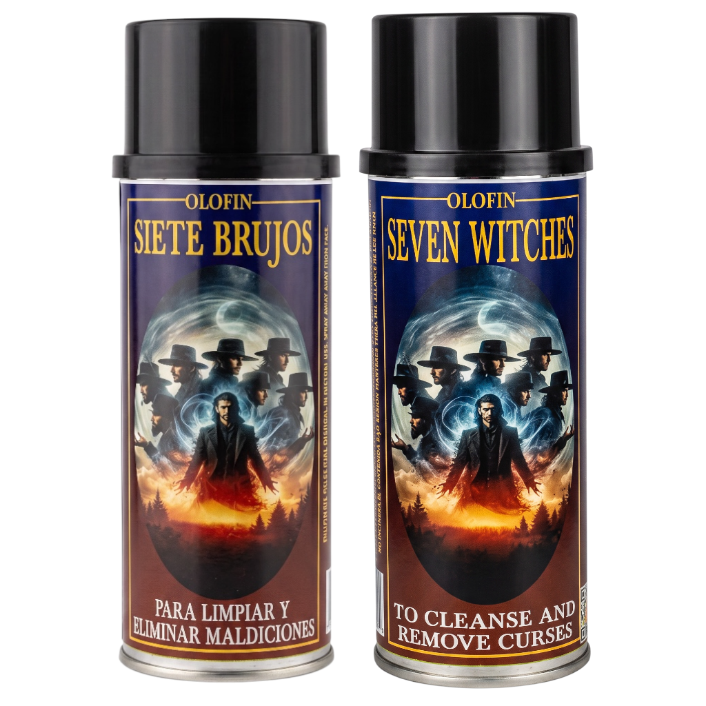 Two Olofin 'Seven Witches' spray cans side by side on a plain white background. The cans have black caps and silver bases, with labels featuring dark blue, orange, and black fantasy artwork of seven cloaked witches.