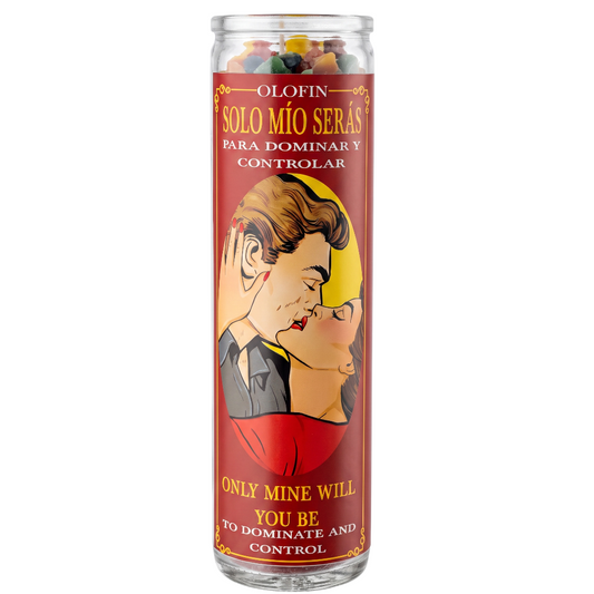 A tall glass jar candle with a red label featuring a retro-style illustration of a couple and Spanish text reading 'OLOFIN SOLO MÍO SERÁS PARA DOMINAR Y CONTROLAR', with English text near the bottom, shown on a plain white background.